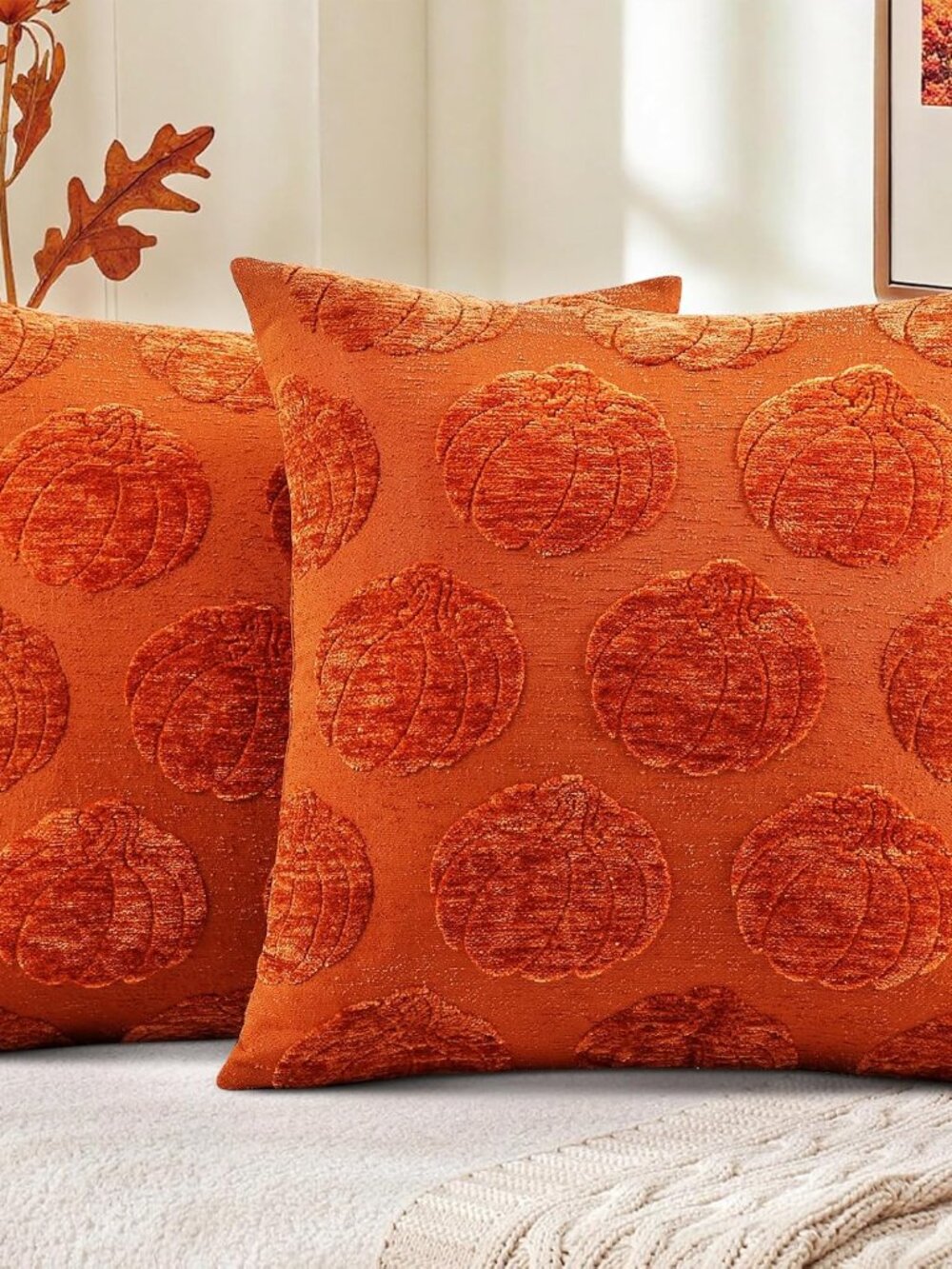 Chenille Rust Pumpkin Soft Throw Pillow Covers 20x20 Set of 2 | Fall Decorative - Picture 1 of 6